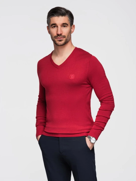 Zdjęcie produktu Męski elegancki sweter V-neck BASIC z wiskozą – czerwony V20 - Rozmiar: L Ombre Clothing