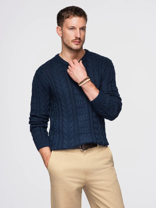 Zdjęcie produktu Męski elegancki sweter z ciekawym splotem – granatowy V5 - Rozmiar: XXL Ombre Clothing