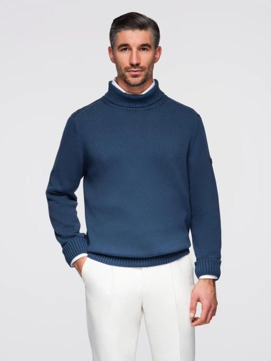 Zdjęcie produktu Męski golf sweter z dzianiny – ciemnoniebieski V2 - Rozmiar: M Ombre Clothing