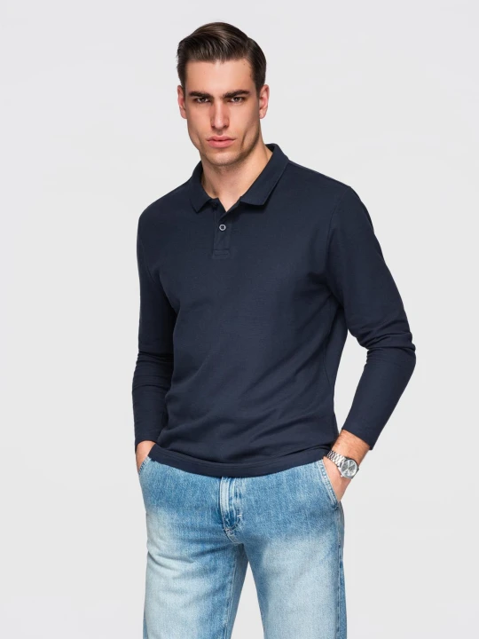 Zdjęcie produktu Męski longsleeve BASIC z kołnierzykiem polo – granatowy V3 - Rozmiar: L Ombre Clothing