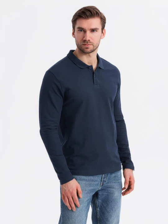 Zdjęcie produktu Męski longsleeve BASIC z kołnierzykiem polo – granatowy V3 - Rozmiar: XL Ombre Clothing