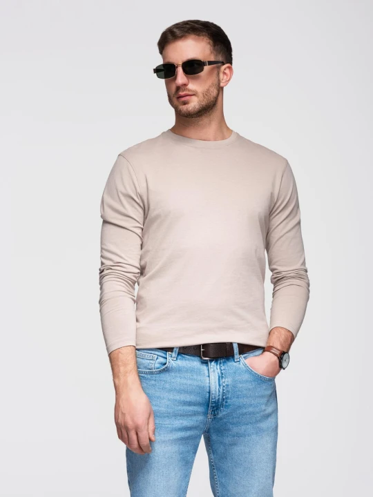 Zdjęcie produktu Męski longsleeve BASIC z okrągłym dekoltem - beżowy V8 Ombre Clothing