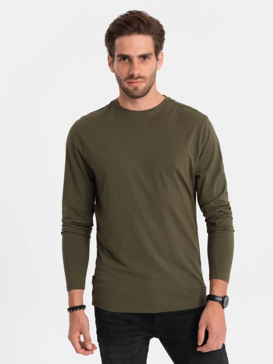 Zdjęcie produktu Męski longsleeve BASIC z okrągłym dekoltem - ciemnooliwkowy V7 - Rozmiar: XXL Ombre Clothing