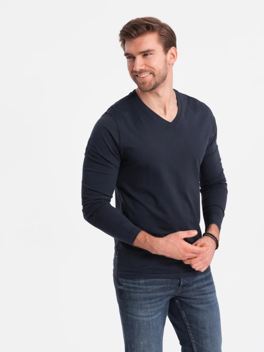 Zdjęcie produktu Męski longsleeve bez nadruku z dekoltem w serek - granatowy V5 - Rozmiar: XXL Ombre Clothing