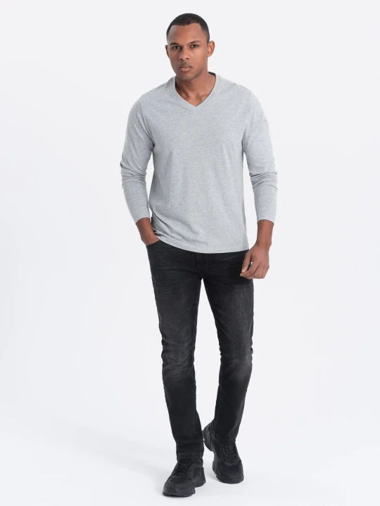 Zdjęcie produktu Męski longsleeve bez nadruku z dekoltem w serek - szary melanż V7 - Rozmiar: M Ombre Clothing