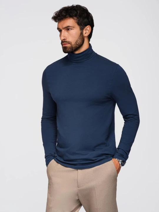 Zdjęcie produktu Męski longsleeve gładki z golfem - granatowy V2 - Rozmiar: L Ombre Clothing