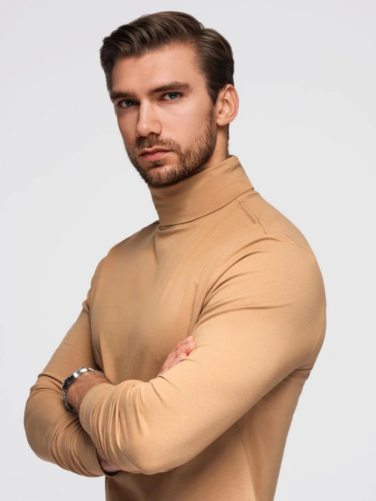 Zdjęcie produktu Męski longsleeve gładki z golfem - jasnobrązowy V5 - Rozmiar: M Ombre Clothing