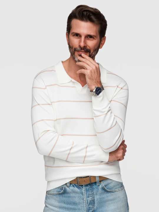 Zdjęcie produktu Męski longsleeve polo w poziome paski z wiskozą – biało-beżowy V4 - Rozmiar: M Ombre Clothing