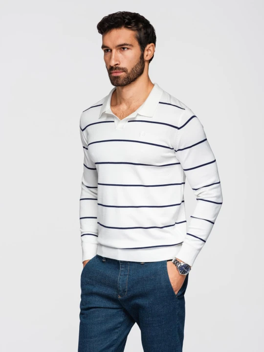 Zdjęcie produktu Męski longsleeve polo w poziome paski z wiskozą – biało-granatowy V2 Ombre Clothing