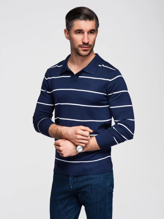 Zdjęcie produktu Męski longsleeve polo w poziome paski z wiskozą – granatowo-biały V1 - Rozmiar: L Ombre Clothing