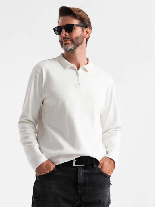 Zdjęcie produktu Męski longsleeve polo z zapinanym na zamek kołnierzykiem – biały V1 - Rozmiar: M Ombre Clothing