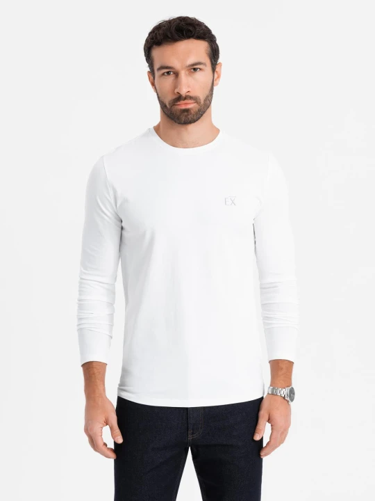 Zdjęcie produktu Męski longsleeve SLIM FIT z elastanem i printem – biały V2 - Rozmiar: XXL Ombre Clothing