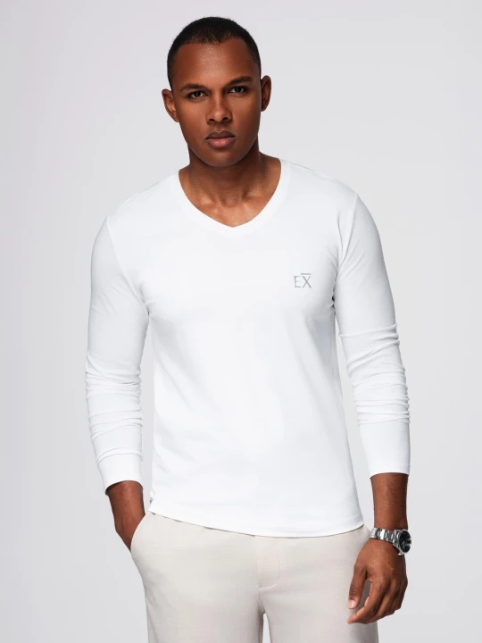 Zdjęcie produktu Męski longsleeve V-neck SLIM FIT z elastanem i printem – biały V2 - Rozmiar: XXL Ombre Clothing