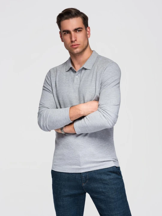 Zdjęcie produktu Męski longsleeve z kołnierzykiem polo BASIC – szary melanż V4 Ombre Clothing