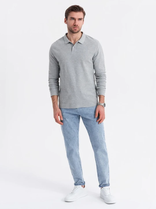Zdjęcie produktu Męski longsleeve z kołnierzykiem polo BASIC – szary melanż V4 - Rozmiar: XL Ombre Clothing