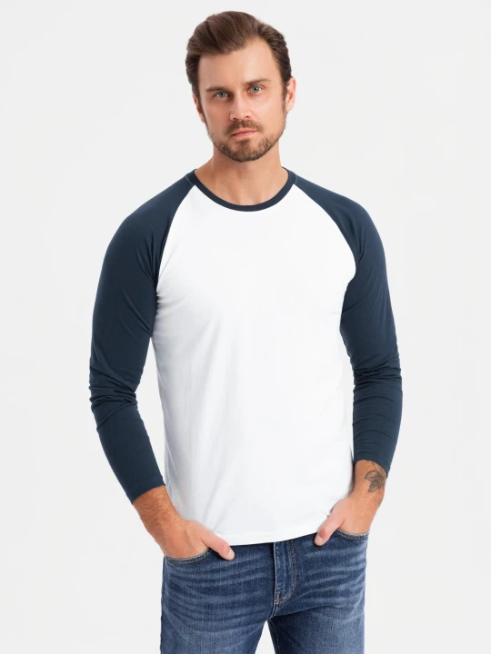 Zdjęcie produktu Męski longsleeve z kontrastowymi raglanowymi rękawami – biało-granatowy V1 - Rozmiar: XL Ombre Clothing