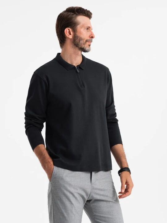 Zdjęcie produktu Męski longsleeve z zapinanym na zamek kołnierzykiem polo – czarny V8 Ombre Clothing