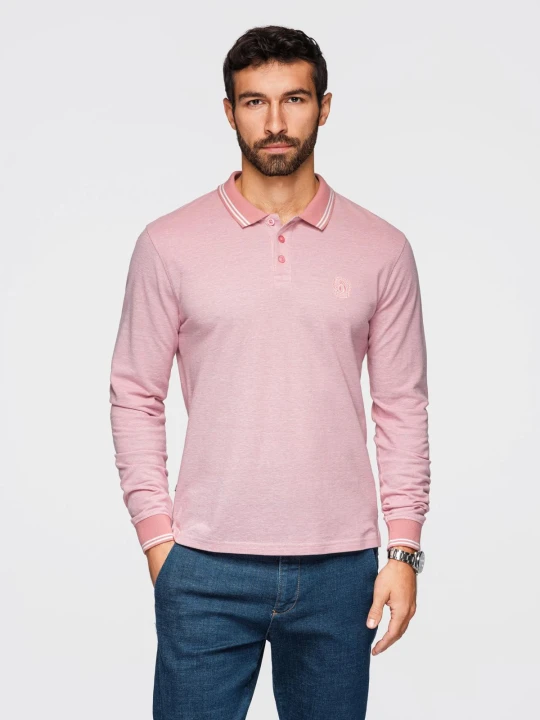 Zdjęcie produktu Męski melanżowy longsleeve polo z haftem – różowy melanż V2 - Rozmiar: XXL Ombre Clothing