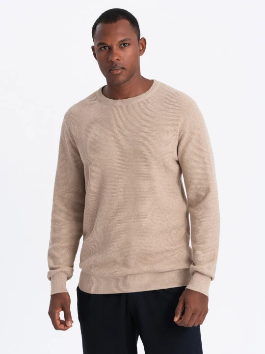 Zdjęcie produktu Męski melanżowy sweter ze strukturalnej dzianiny – piaskowy V3 - Rozmiar: L Ombre Clothing