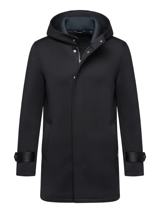 Zdjęcie produktu Męski minimalistyczny płaszcz średniej długości z dzianiny scuba - czarny V4 Ombre Clothing