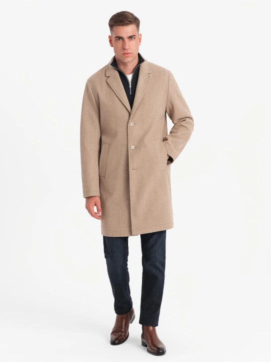Zdjęcie produktu Męski płaszcz jednorzędowy bez podszewki – beżowy V7 Ombre Clothing