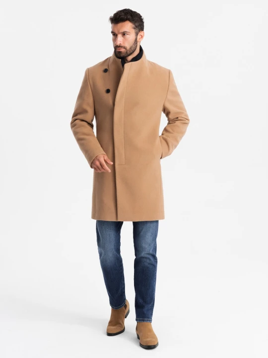 Zdjęcie produktu Męski płaszcz z asymetrycznym zapięciem i wysokim kołnierzem – jasnobrązowy V4 - Rozmiar: XXL Ombre Clothing