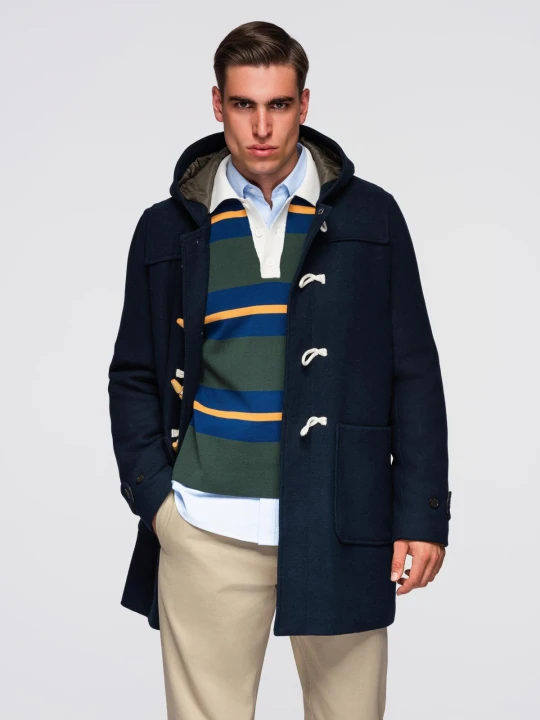 Zdjęcie produktu Męski płaszcz z wełną i kapturem duffle coat – granatowy V2 - Rozmiar: XXL Ombre Clothing