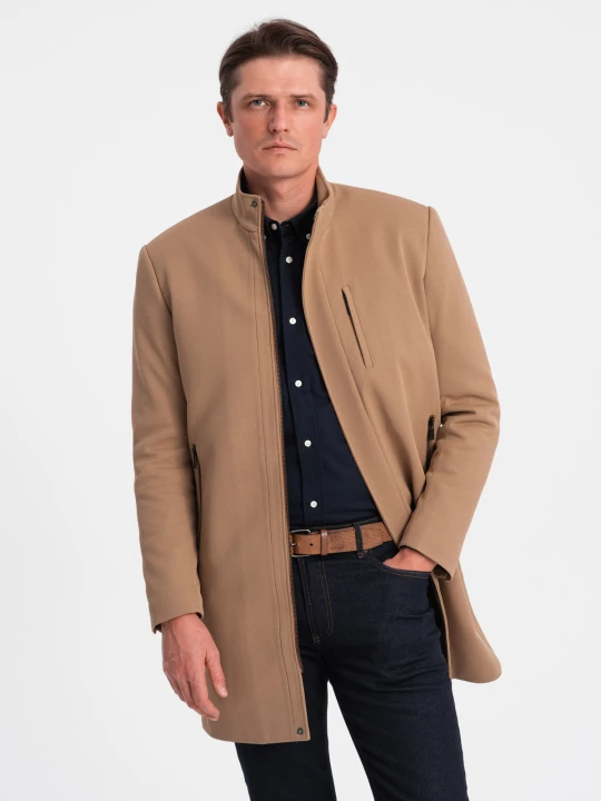 Zdjęcie produktu Męski płaszcz ze stójką i pikowaną podszewką - camel V4 - Rozmiar: XL Ombre Clothing