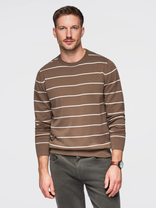 Zdjęcie produktu Męski sweter casualowy w poziome paski – brązowy V3 - Rozmiar: L Ombre Clothing