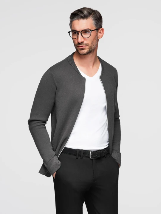 Zdjęcie produktu Męski sweter gładki na zamek – grafitowy V2 - Rozmiar: M Ombre Clothing