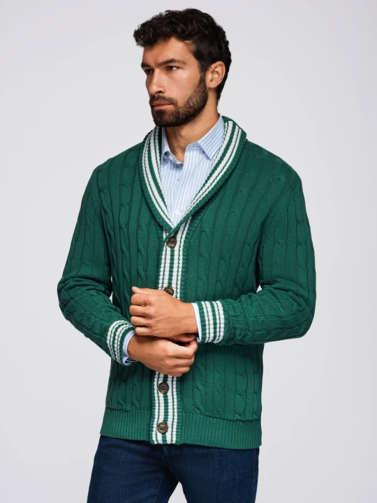 Zdjęcie produktu Męski sweter kardigan z szalowym kołnierzem w stylu preppy - zielony V2 - Rozmiar: XL Ombre Clothing