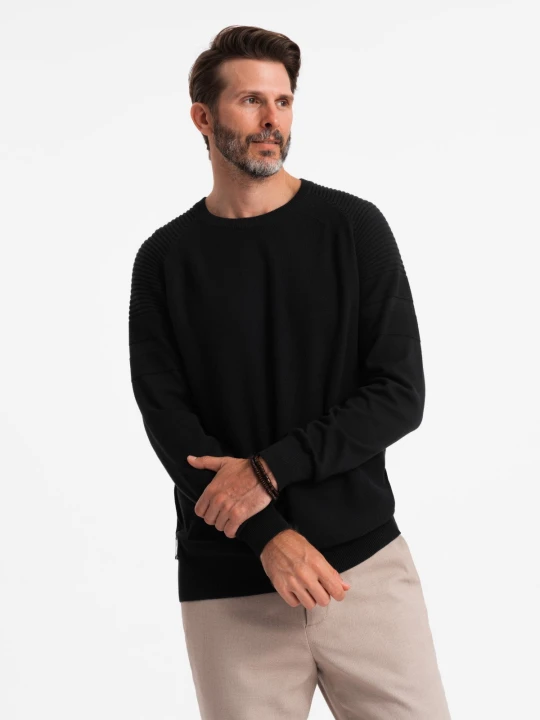 Zdjęcie produktu Męski sweter raglan z prążkowanymi rękawami – czarny V2 - Rozmiar: S Ombre Clothing