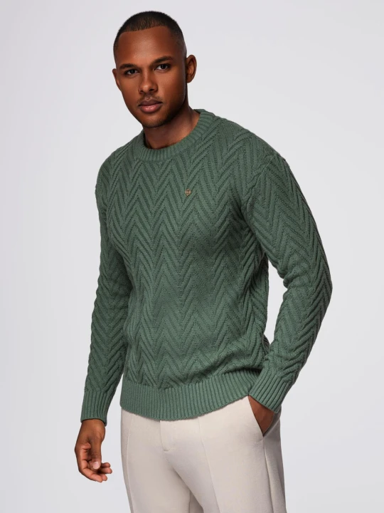 Zdjęcie produktu Męski sweter z dzianiny o zygzakowym splocie – zgaszona zieleń V2 Ombre Clothing zielony