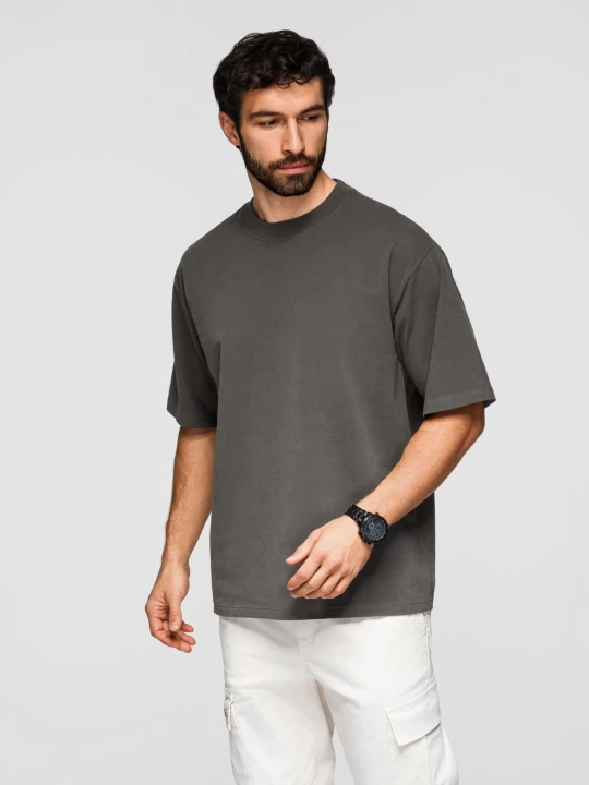Zdjęcie produktu Męski t-shirt bawełniany LOOSE FIT z okrągłym dekoltem – szarozielony V3 - Rozmiar: XXL Ombre Clothing