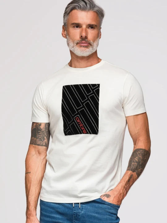 Zdjęcie produktu Męski T-shirt bawełniany z geometrycznym nadrukiem - biały V1 - Rozmiar: S Ombre Clothing