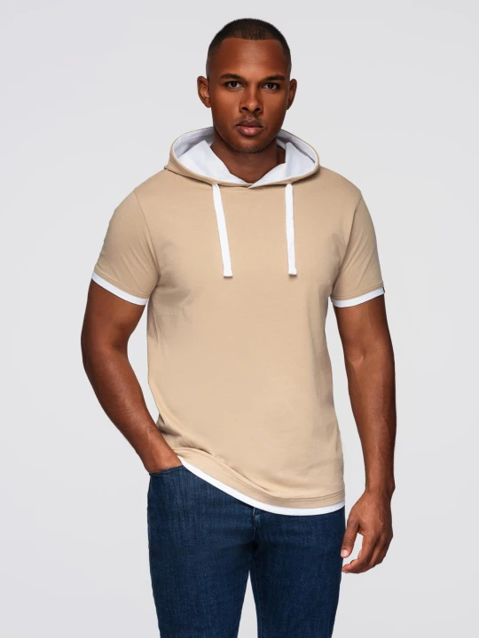 Zdjęcie produktu Męski t-shirt bawełniany z kapturem – beżowy V5 Ombre Clothing