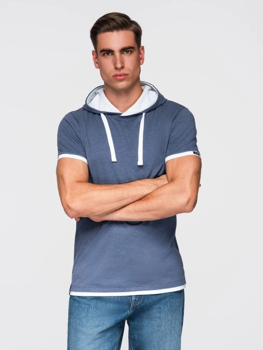 Zdjęcie produktu Męski t-shirt bawełniany z kapturem – ciemnoniebieski melanż V12 Ombre Clothing