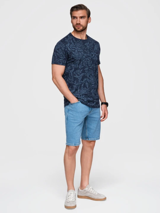 Zdjęcie produktu Męski t-shirt bawełniany z nadrukiem z motywem roślinnym - granatowa V4 Ombre Clothing