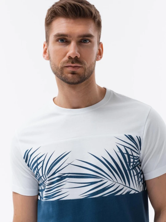 Zdjęcie produktu Męski t-shirt dwukolorowy z nadrukiem w liście palmy - ciemnoniebieski V1 Ombre Clothing