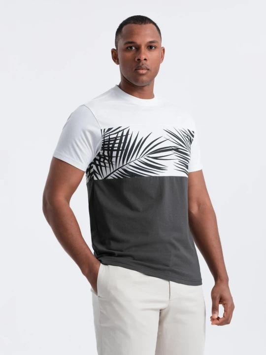 Zdjęcie produktu Męski t-shirt dwukolorowy z nadrukiem w liście palmy - grafitowy V2 - Rozmiar: S Ombre Clothing