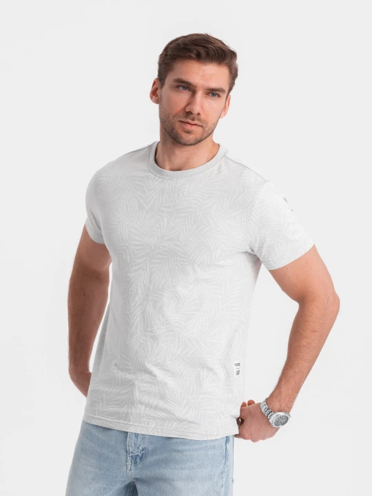 Zdjęcie produktu Męski t-shirt fullprint w liście palmy - szary V2 Ombre Clothing