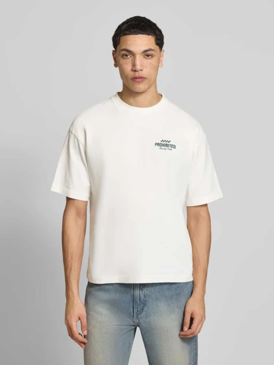 Zdjęcie produktu męski t-shirt o kroju regular fit z czystej bawełny model 'IN A RUSH' PROHIBITED Złamany biały