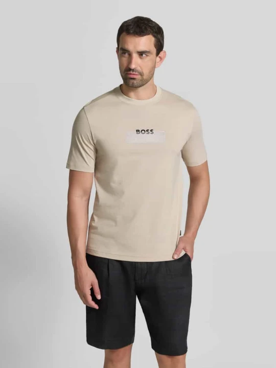 Zdjęcie produktu męski t-shirt o kroju regular fit z czystej bawełny model 'Te_LOGOTAPE' Boss Beżowy