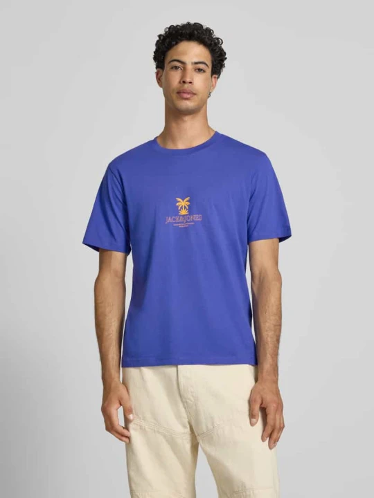Zdjęcie produktu męski t-shirt o kroju regular fit z nadruk z logo model 'Eres' Jack&Jones Królewski niebieski
