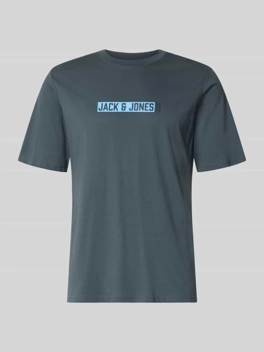 Zdjęcie produktu męski t-shirt o kroju regular fit z nadruk z logo model 'Munk' Jack&Jones Petrol