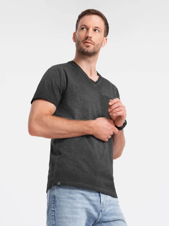 Zdjęcie produktu Męski t-shirt V-neck o pręgowanej strukturze z kieszonką – czarny V6 Ombre Clothing