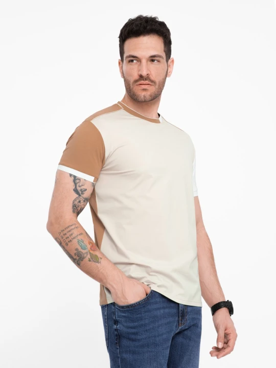 Zdjęcie produktu Męski t-shirt z elastanem z kolorowymi rękawami - brązowy V1 Ombre Clothing
