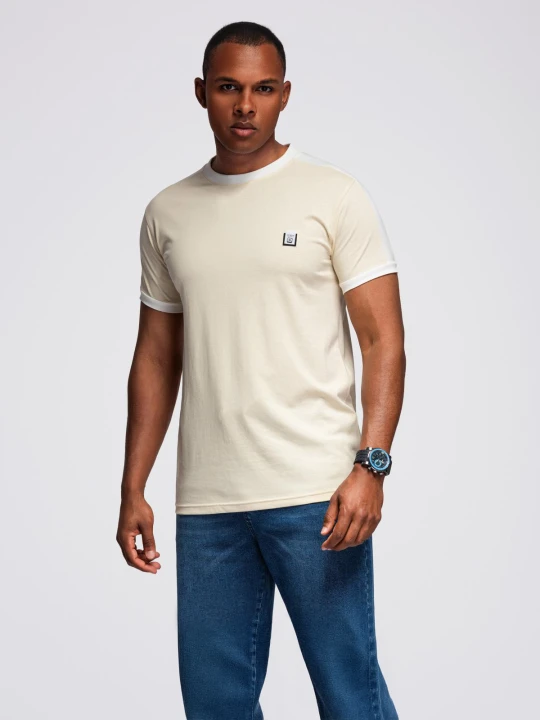 Zdjęcie produktu Męski t-shirt z kontrastowymi lampasami – kremowy V7 Ombre Clothing