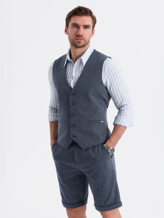 Zdjęcie produktu Męski zestaw elegancki kamizelka garniturowa + szorty - granatowy V1 Ombre Clothing