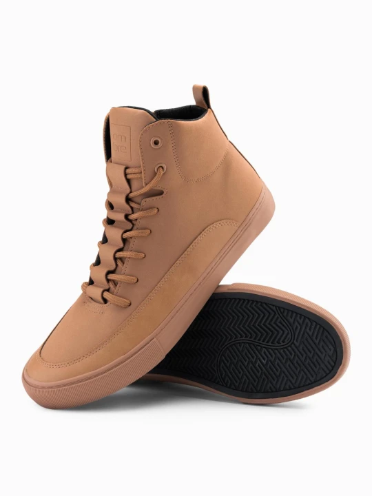 Zdjęcie produktu Męskie buty sneakersy za kostkę z ozdobnymi zakładkami – brązowe V3 - Rozmiar: 44 Ombre Clothing